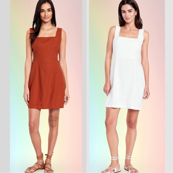 NWTS💓GAP OLD NAVY XL💓LINEN BUNDLE WHITE& BRONZE SQUARE NECK SMOCKED BACK DRESSES - Picture 2 of 11